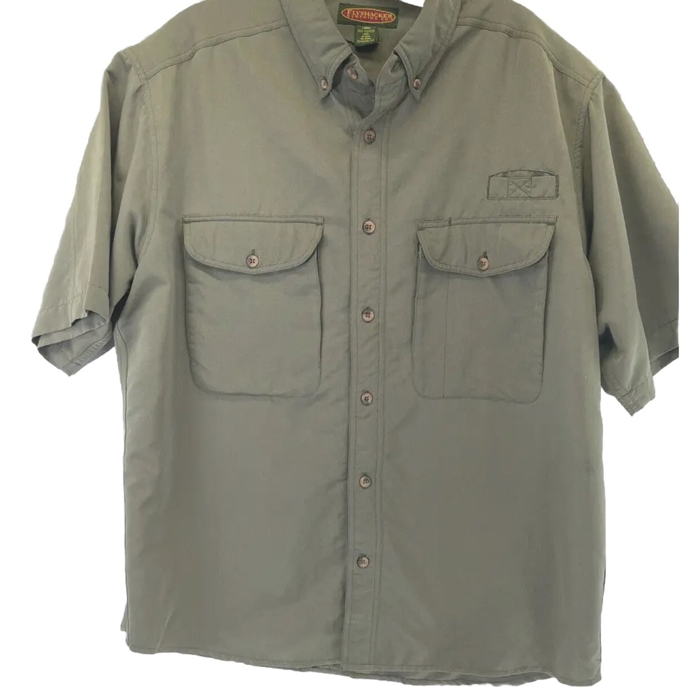 Fly Shacker Mens Sz Large Olive Green Button Up Fishing Shirt (Y26) EUC